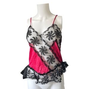 Vintage Bernette New York Pink Black Camisole Lace Nylon Womens Size Medium M